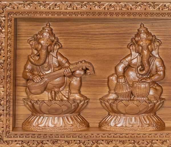 Lord Ganesha playing Musical Instruments 10" x 23" - A wood panel of the Musical Ganeshas in Ash wood