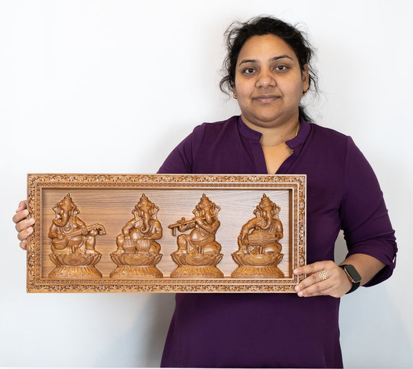Lord Ganesha playing Musical Instruments 10" x 23" - A wood panel of the Musical Ganeshas in Ash wood
