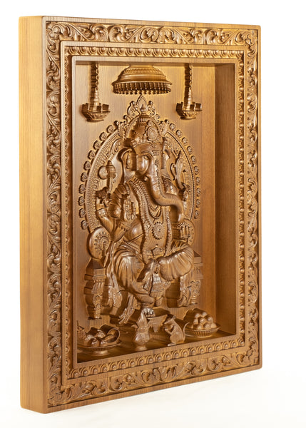 Lord Ganesha Wood Carving Ashwood Wall Panel 24" x 20"