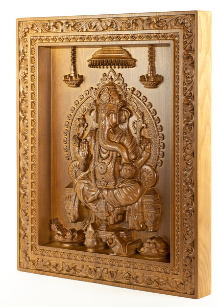 Lord Ganesha Wood Carving Ashwood Wall Panel 24" x 20"