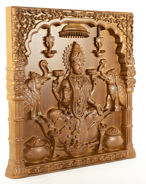 Goddess Lakshmi Wood Carving in a Pillar Frame - Ashwood Panel 24" x 23"