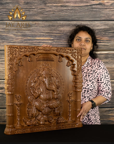 Lord Ganesh Wood Carving in a Pillar Frame - Ashwood Panel 24" x 23"