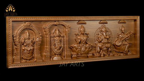 Hindu Divine Panel - Ash wood Panel of Gods and Goddesses 11"H x 34"W