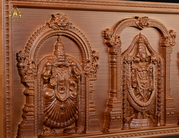 Lord Venkateswara with Goddess Padmavathi Devi and Goddess Lakshmi Devi 13" x 27" Ash wood panel