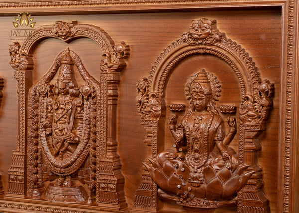 Lord Venkateswara with Goddess Padmavathi Devi and Goddess Lakshmi Devi 13" x 27" Ash wood panel