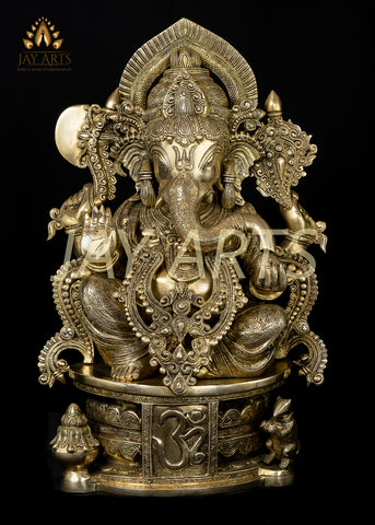 Brass Lord Ganesh on OM pedestal 23" - The Remover of Obstacles (Antique finish)