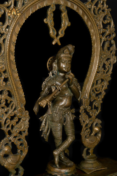 Bronze Sri Krishna Standing on a Cow Engraved Base with a Peacock Arch 44" - Lost-Wax Method Sculpture