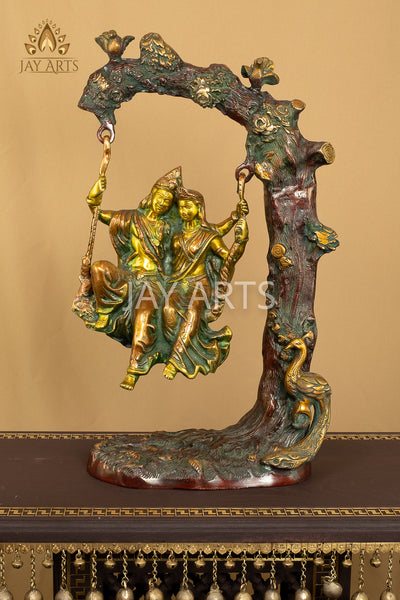 23" Radha Krishna on the Tree Swing with Peacock and Birds Brass Statue