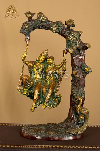 23" Radha Krishna on the Tree Swing with Peacock and Birds Brass Statue