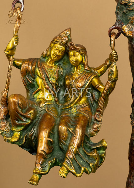 23" Radha Krishna on the Tree Swing with Peacock and Birds Brass Statue