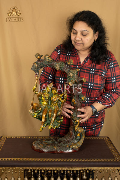 23" Radha Krishna on the Tree Swing with Peacock and Birds Brass Statue
