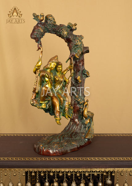 23" Radha Krishna on the Tree Swing with Peacock and Birds Brass Statue
