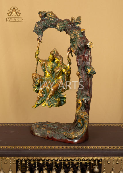 23" Radha Krishna on the Tree Swing with Peacock and Birds Brass Statue
