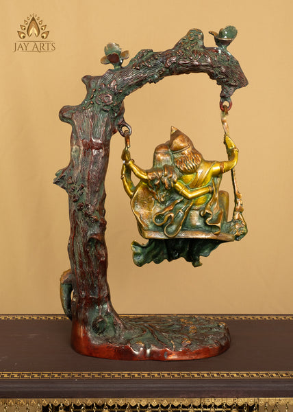 23" Radha Krishna on the Tree Swing with Peacock and Birds Brass Statue
