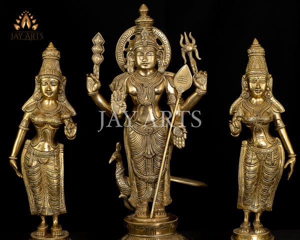 Lord Murugan with His Consorts Deivanai and Valli 19" Brass Statue