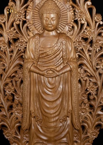 Standing Buddha in a floral frame - Ash wood carving 22" H x 11.5" W