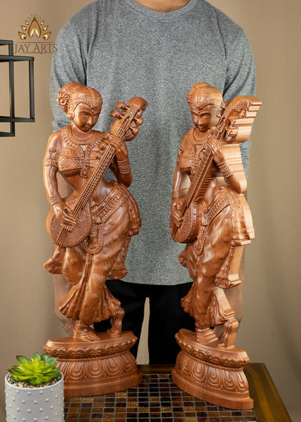Standing Lady with a Veena 24" Wood Wall Panel - Wall Decor