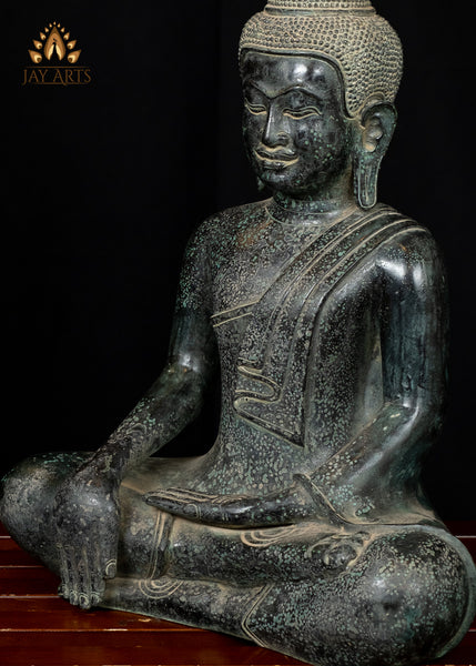 Earth Touching Buddha 17” - Bronze Khmer Buddha Statue in Bhumisparsha Mudra - Earth Witness Cambodian Buddha