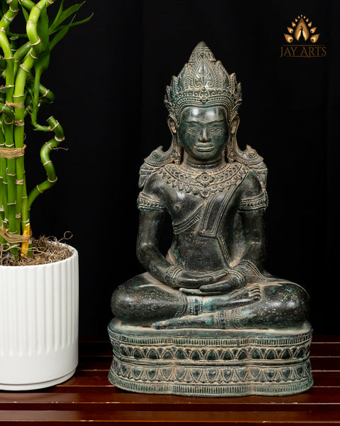 Buddha in Meditation (Dhyana Mudra) 17" - Antique Bayon Style Bronze Buddha Statue