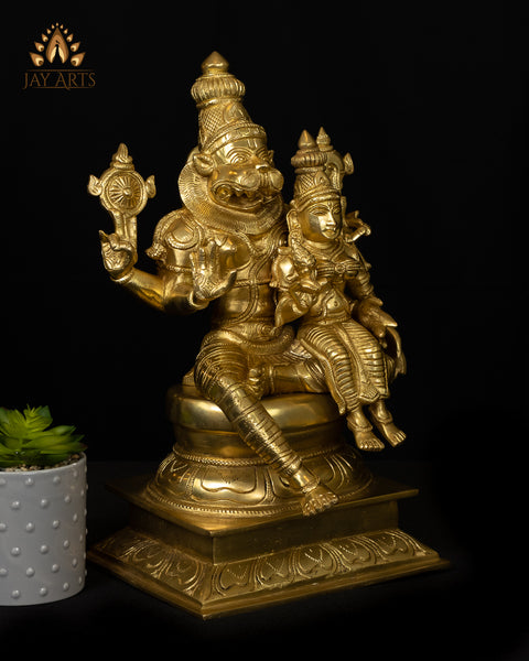 Lord Narasimha with his consort Lakshmi Devi 15" Brass Statue