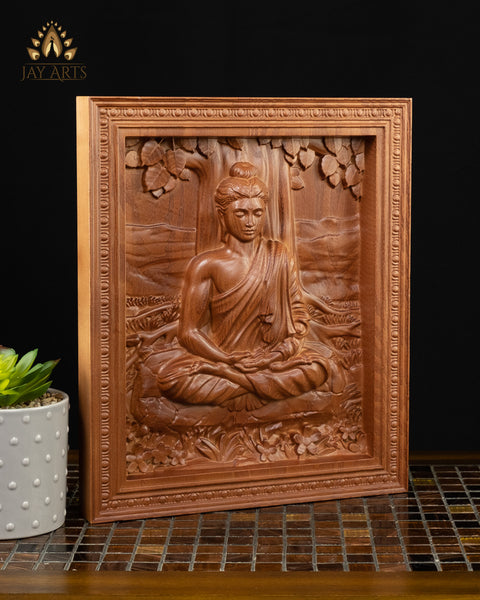 Buddha Wood Carving 13" - Buddha in Meditation under the Bodhi Tree