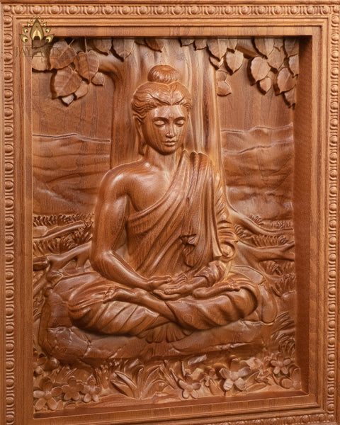 Buddha Wood Carving 13" - Buddha in Meditation under the Bodhi Tree