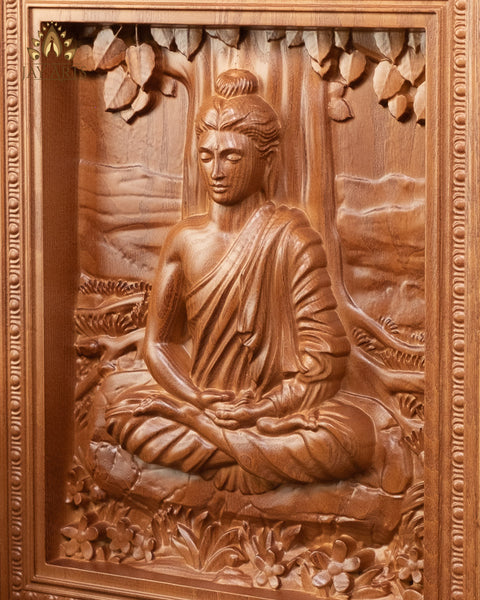 Buddha Wood Carving 13" - Buddha in Meditation under the Bodhi Tree