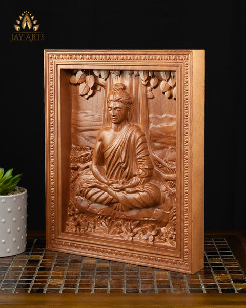 Buddha Wood Carving 13" - Buddha in Meditation under the Bodhi Tree