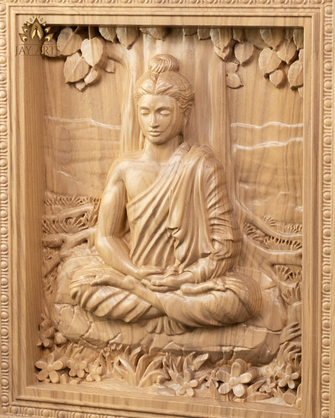 Buddha Wood Carving 13" - Buddha in Meditation under the Bodhi Tree