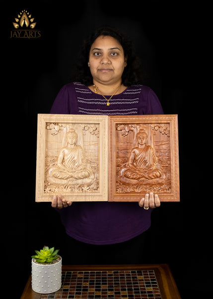 Buddha Wood Carving 13" - Buddha in Meditation under the Bodhi Tree