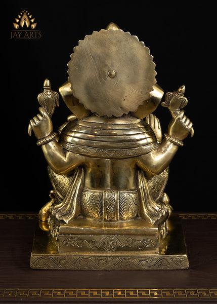 14" Bhagwan Ganesh seated on a pedestal with figurines of 8 Ganeshas