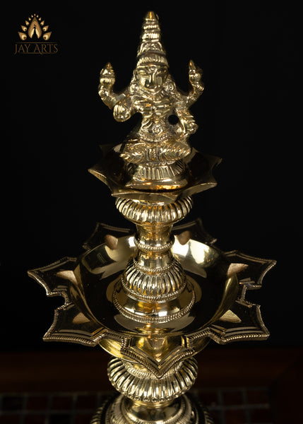 Auspicious 7 Wick Goddess Lakshmi Lamp Set - 15.5” Fine Brass Lamps