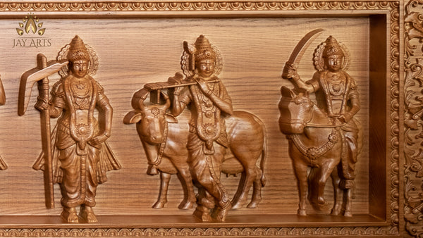 Dasavataram Wood Carving 12" x 48"   - The Ten Incarnations of Lord Vishnu - Vishnu Wood Carving
