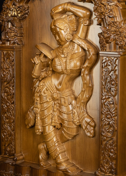 24" Apsara Wood Carving - Oakwood Wall Panel