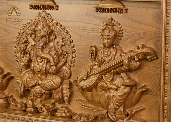 The Divine Trinities - Ganesh, Lakshmi and Saraswati Wood Carving 12"H x 24"W