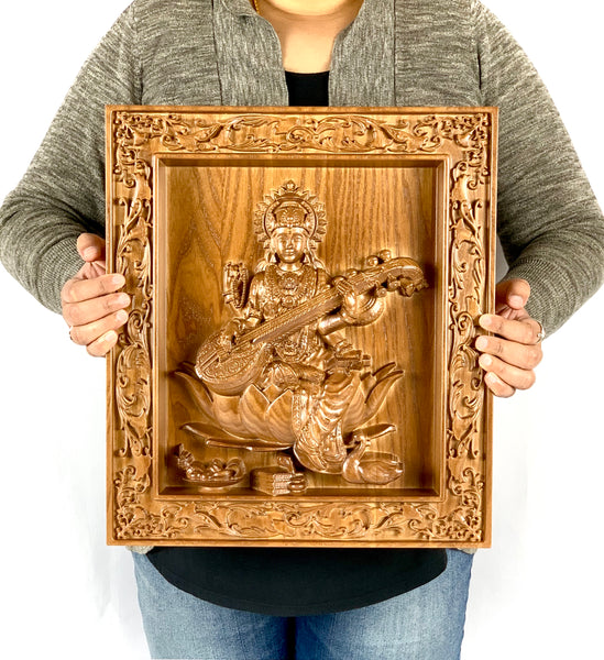 Goddess Saraswathi - Ash wood panel 15" x 13"