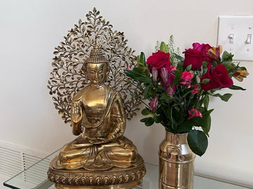 Buddha under a Tree in Gyan Mudra and with Alms Bowl 19" Brass Statue