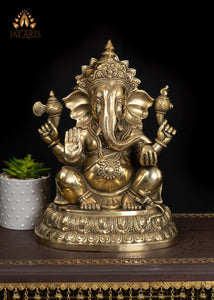15" Brass Lord Ganesha Idol with Big Ears Symbol of Wisdom and Joy