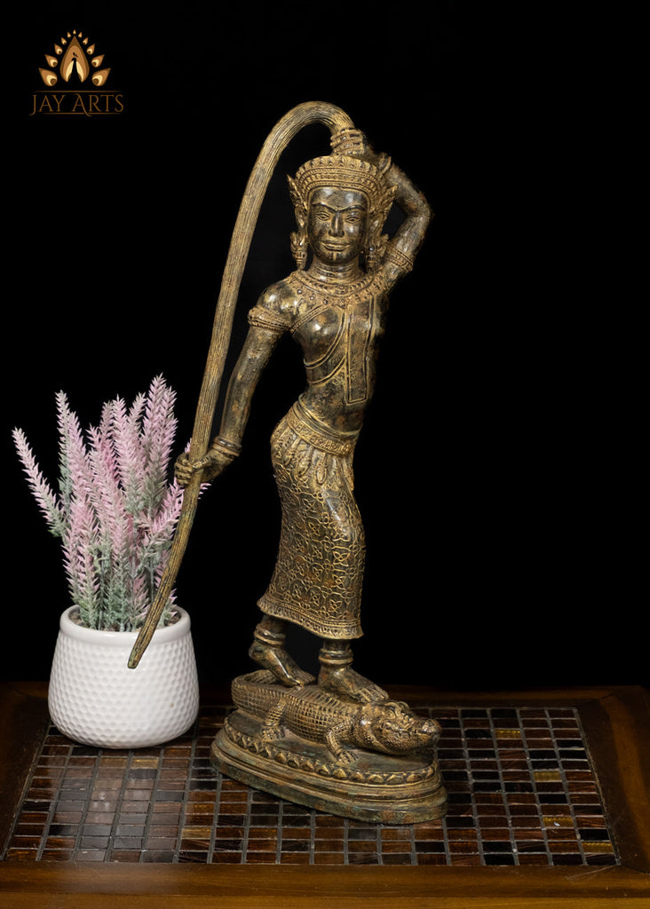 19" Phra Mae Thorani on Crocodile Bronze Earth Goddess Statue From Cambodia