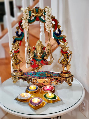 Lord Ganesh on a swing - Ganesh Jhoola with inlay work