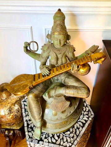 Goddess Saraswathi Devi (Veena Vani) Seated on a Lotus 22" Brass Statue