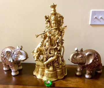 Gokula Krishna with a cow and a calf - Youth Krishna as a cow herder