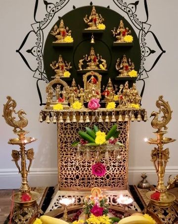 Ashta Lakshmi in a Circular Wood Frame and Peacock Ritual Lamp Set