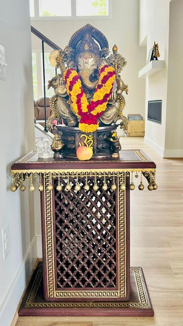 Brass Lord Ganesh on OM pedestal 23" - The Remover of Obstacles and 25"Wooden Chowki with hanging brass ghungroos