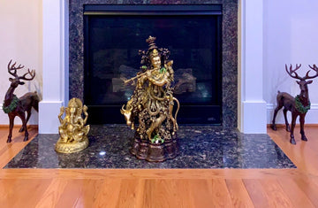 Lord Krishna - The divine flutist with a cow & Ganapathi on lotus pedestal
