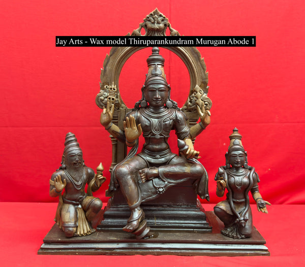 15" Bronze Murugan Seated on an Ornate Throne with Consort Deivanai and a Saint