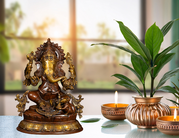 15" Brass Ganesh Statue Intricately Detailed With Sacred Attributes