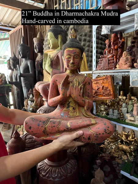 21" Buddha in Dharmachakra Mudra Hand-Painted Wood Statue from Cambodia