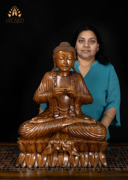 Hand-Carved Balinese Wood Buddha with Flowing Robes on Double Lotus Base 26"