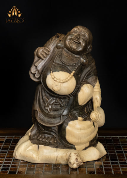 14" Laughing Budai Statue in Hibiscus Wood | Hand-Carved in Bali